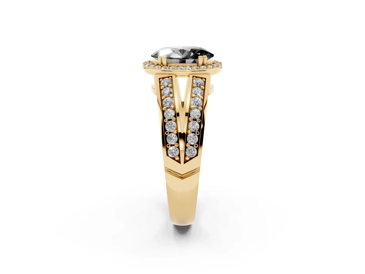 Fancy Black Oval Cut Diamond Halo Ring with Split Shank Pavé Band and Four-Prong Setting Yellow gold