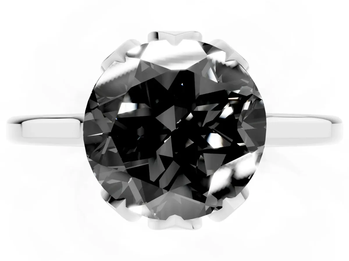 Fancy Black Round Cut Diamond Solitaire Ring with Flower Prong Setting and Classic Band Silver