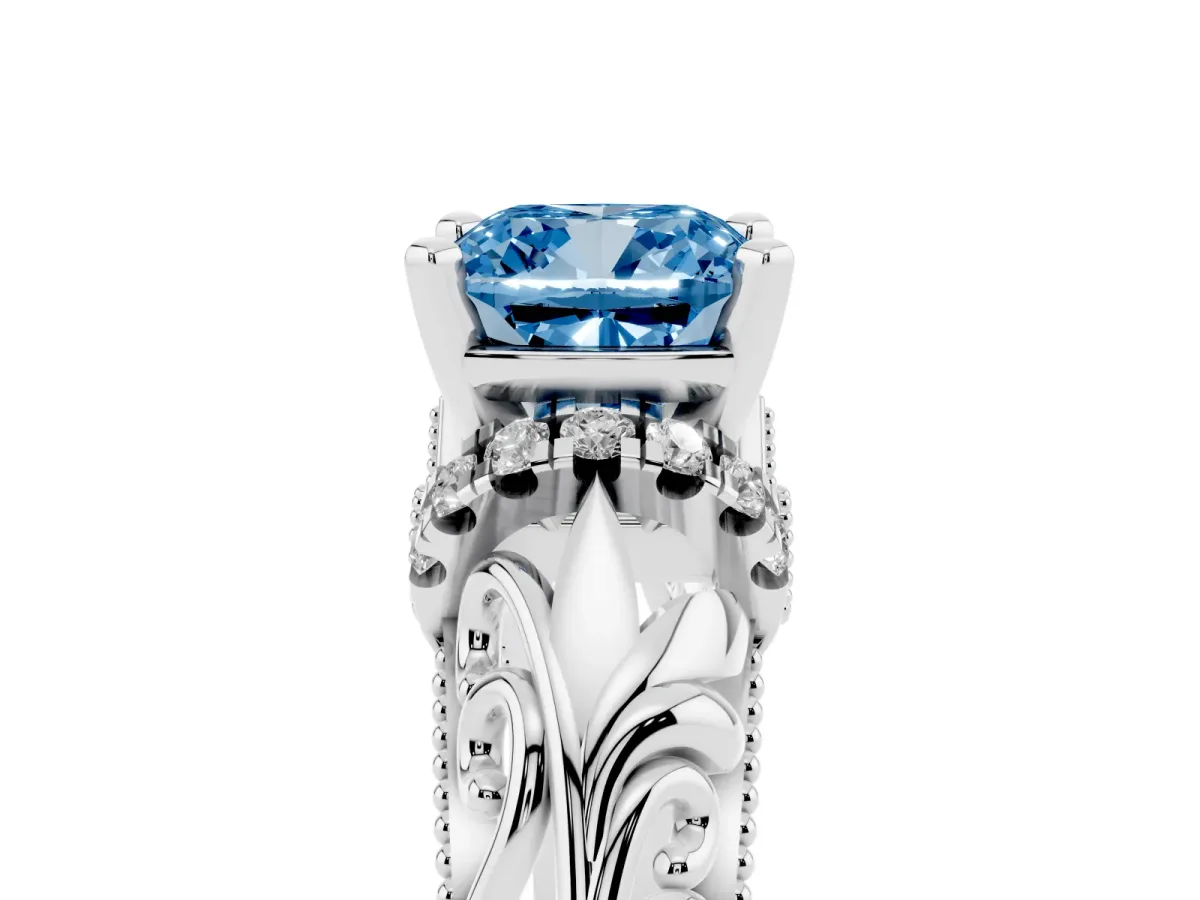 Fancy Blue Cushion Cut Solitaire Filigree Engagement Ring with Halo and Prong Setting Silver