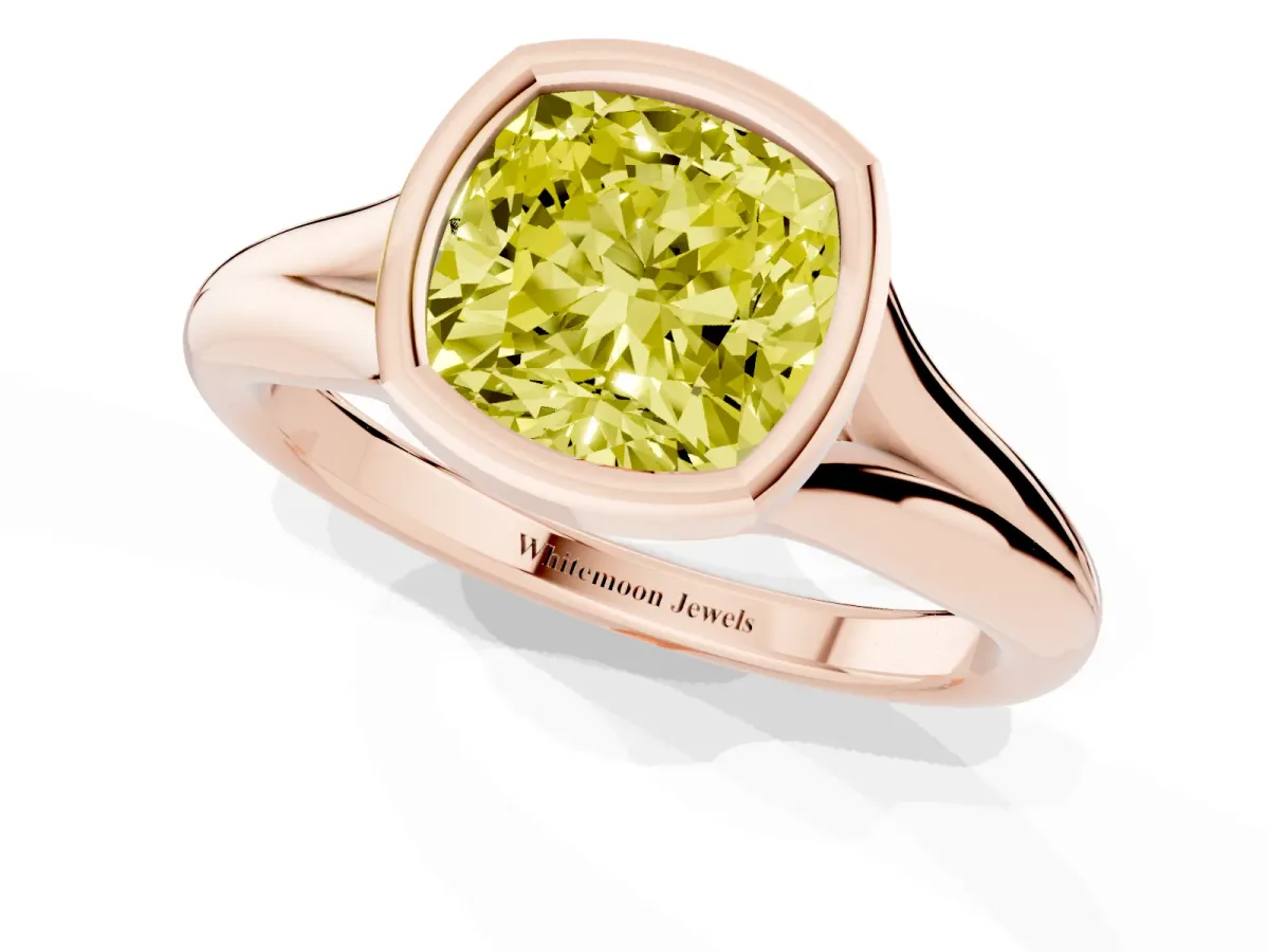Fancy Yellow Bezel Set Cushion Cut Solitaire Diamond Ring with Smooth Band Rose gold
