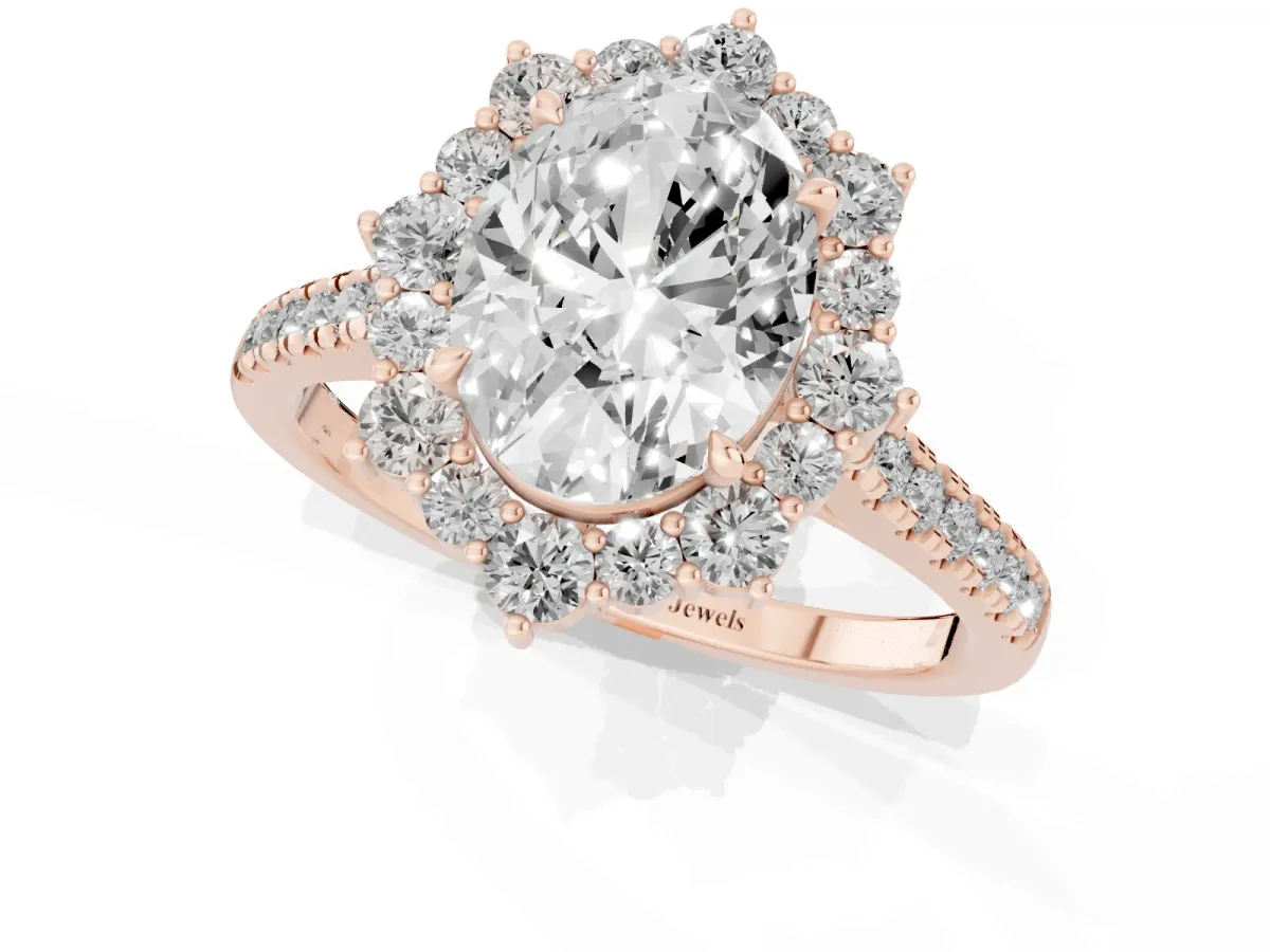 Oval Cut Halo Diamond Ring with Pavé Band and Prong Setting Rose gold