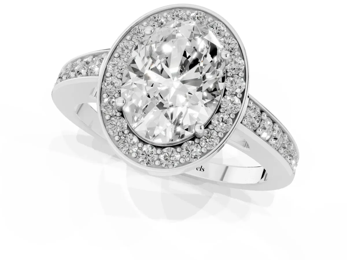 Oval Cut Halo Pavé Diamond Engagement Ring with Bezel Setting White gold