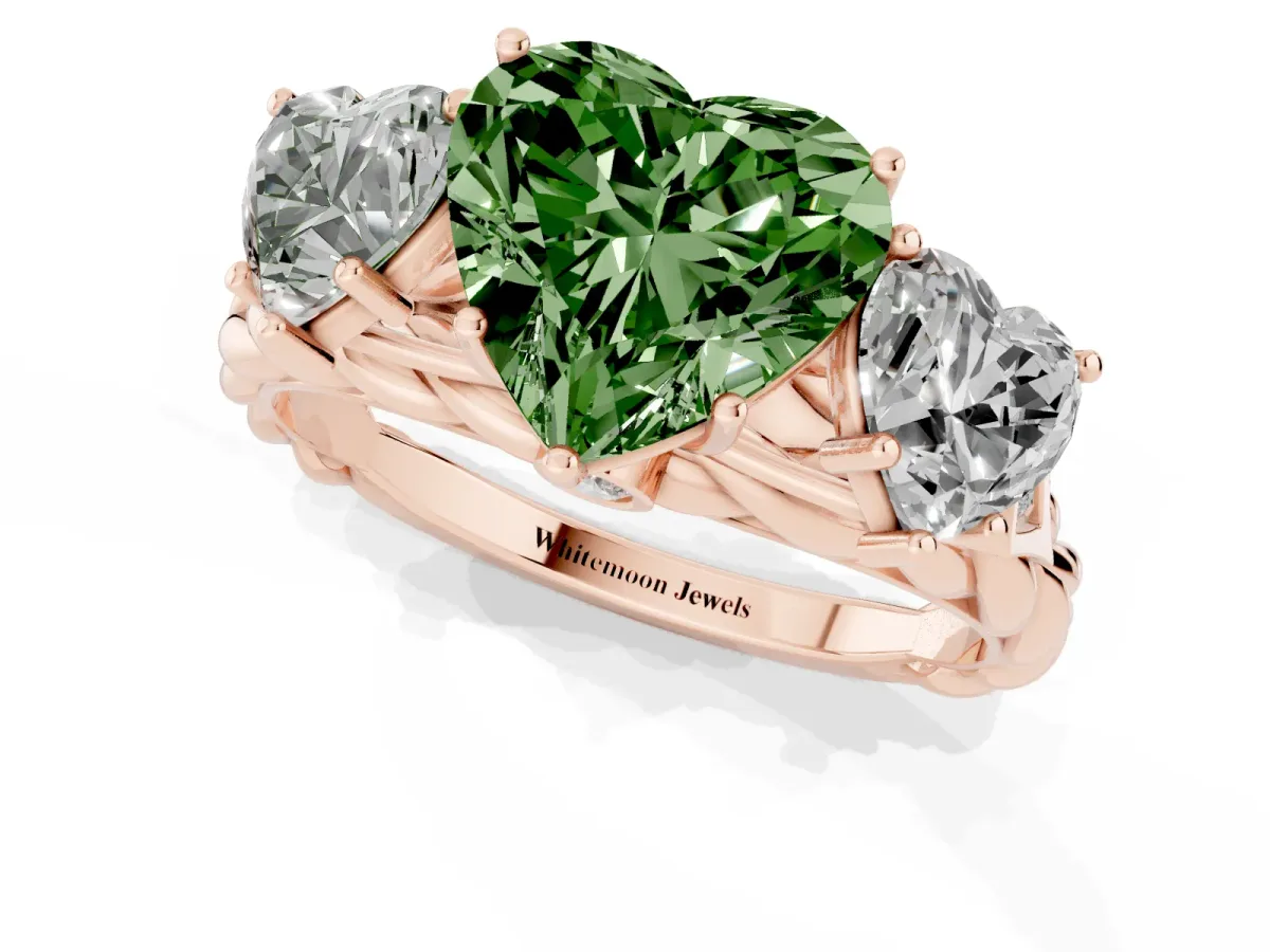 Fancy Green Three-Stone Heart Cut Diamond Braided Band Ring with Four-Prong Setting Rose gold