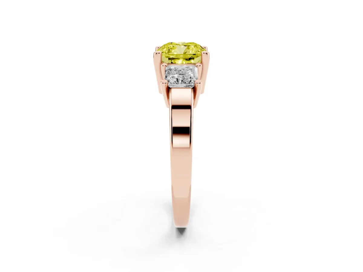 Fancy Yellow Three-Stone Cushion Cut Cut Solitaire Ring with Prong Setting Rose gold