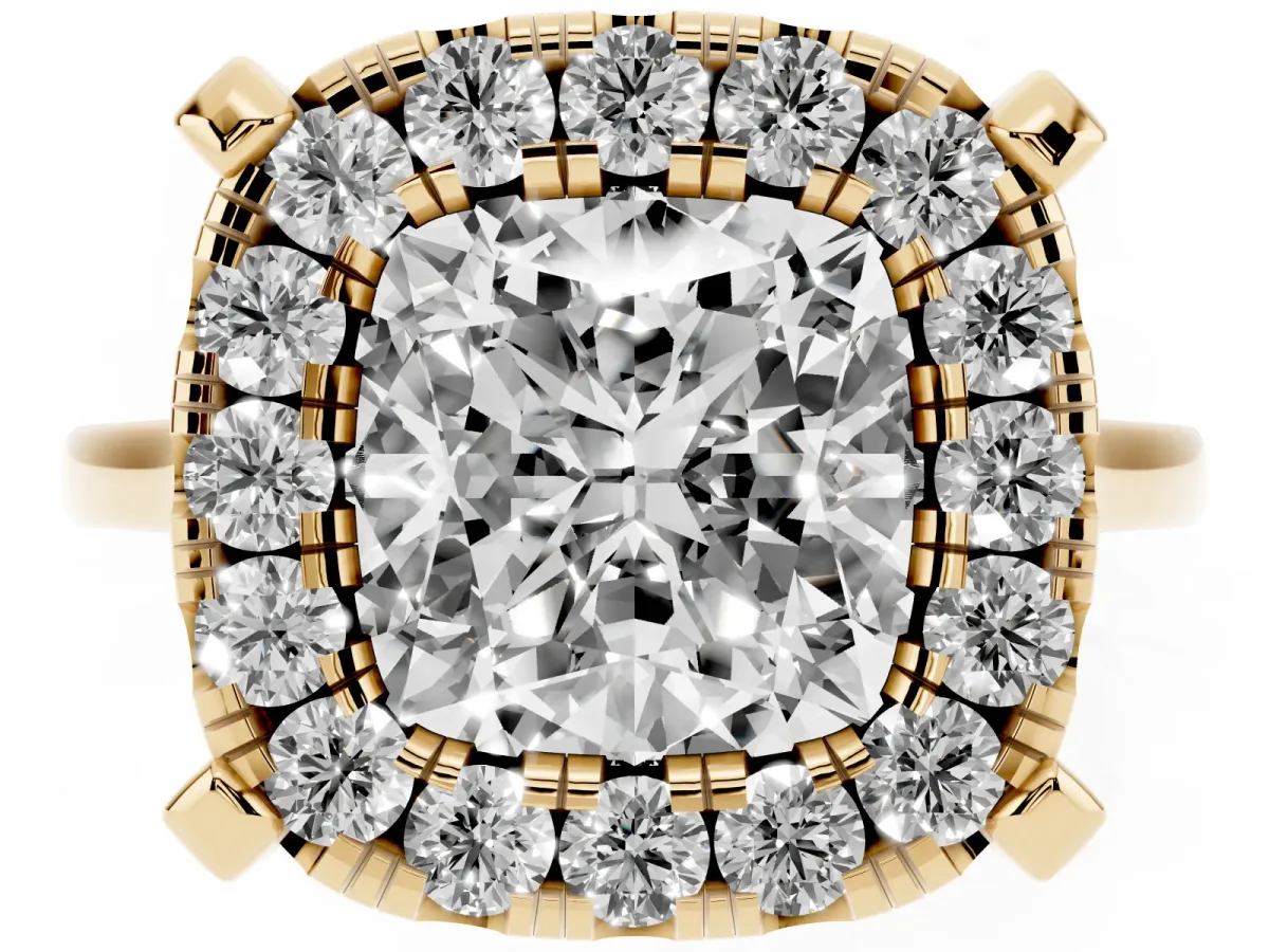 Cushion Cut Diamond Cluster Halo Solitaire with Four-Prong Setting Yellow gold