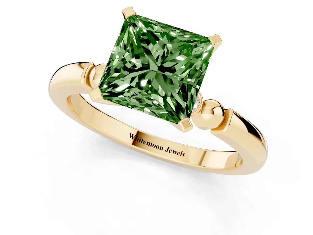 Fancy Green Princess Cut Solitaire Beaded Band with Four-Prong Setting Yellow gold