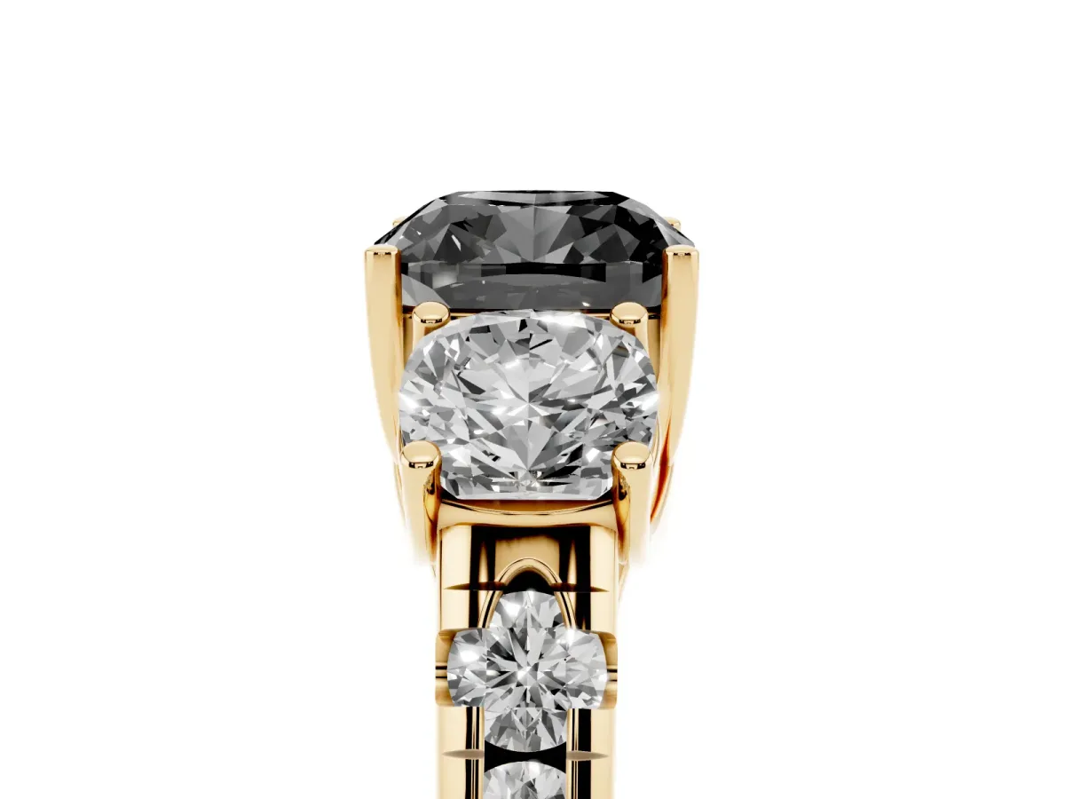 Fancy Black Three-Stone Cushion Cut Diamond Pavé Band with Prong Setting Yellow gold