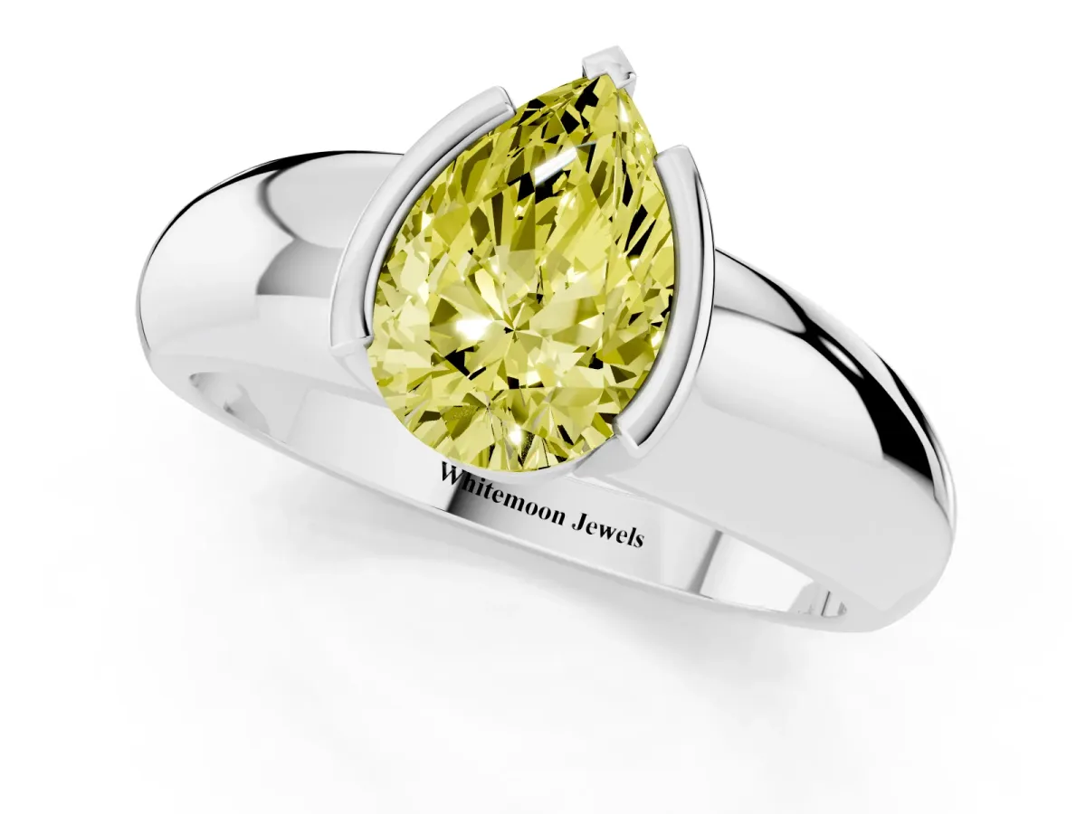 Fancy Yellow Pear Cut Solitaire Tension Set Diamond Ring with Wide Band Platinum