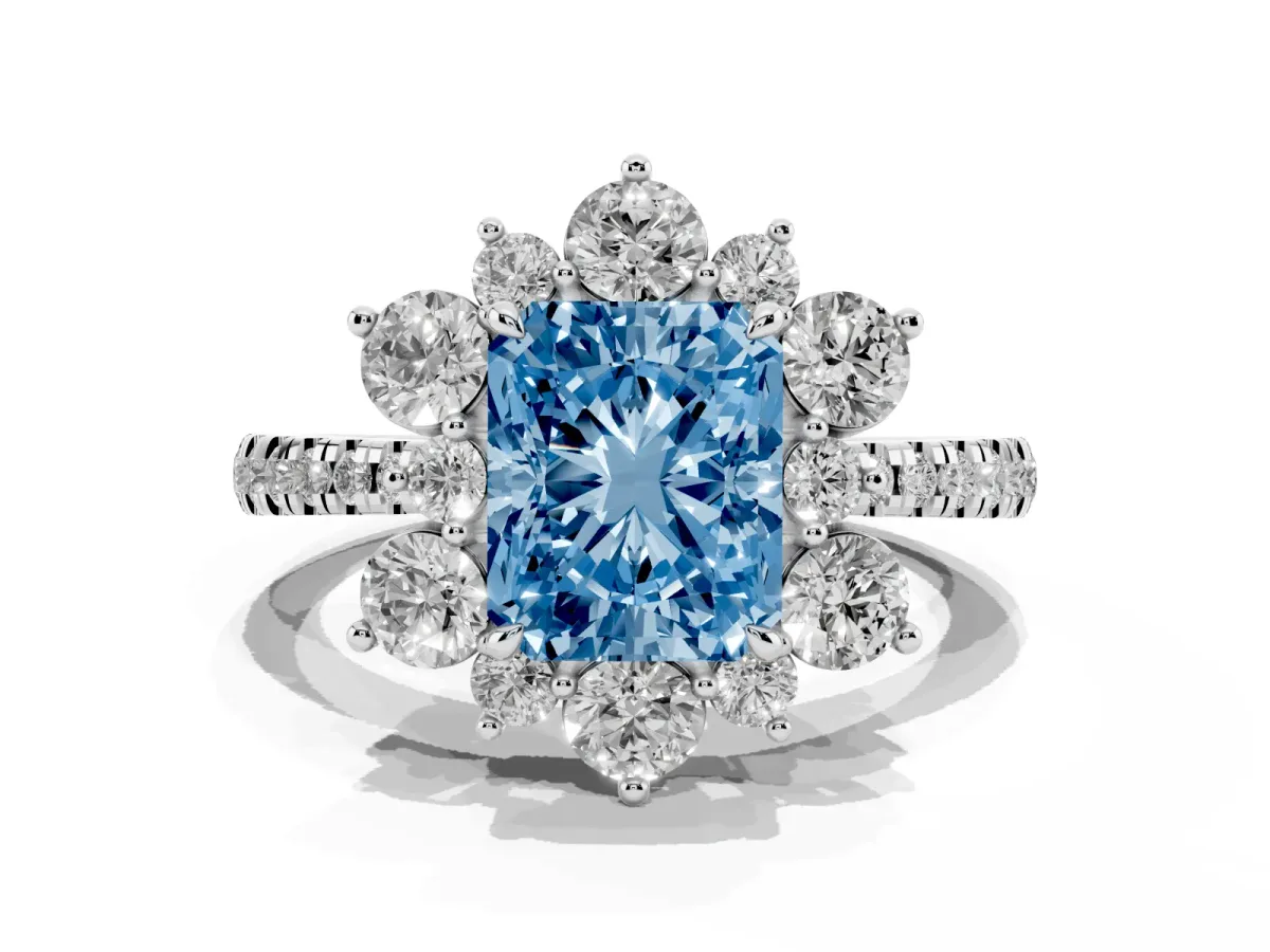 Fancy Blue Radiant Cut Diamond Floral Halo Ring with Round Pavé Band and Prong Setting Silver