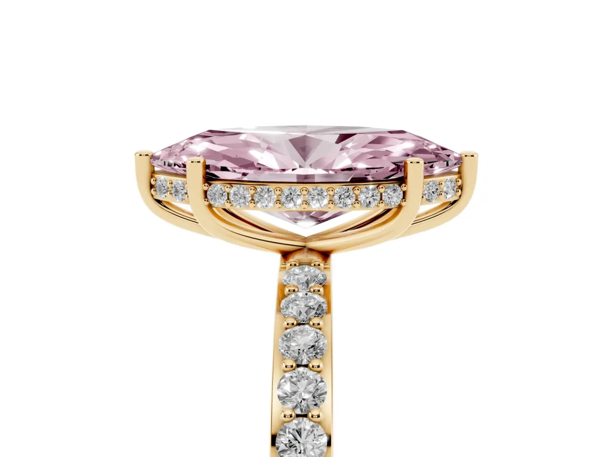 Fancy Pink Marquise Cut Diamond Solitaire Ring with Pavé Band and Hidden Halo Yellow gold