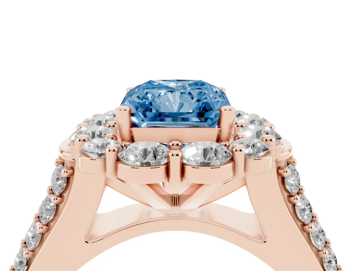 Fancy Blue Radiant Cut Halo Diamond Engagement Ring with Split Shank and Prong Setting Rose gold