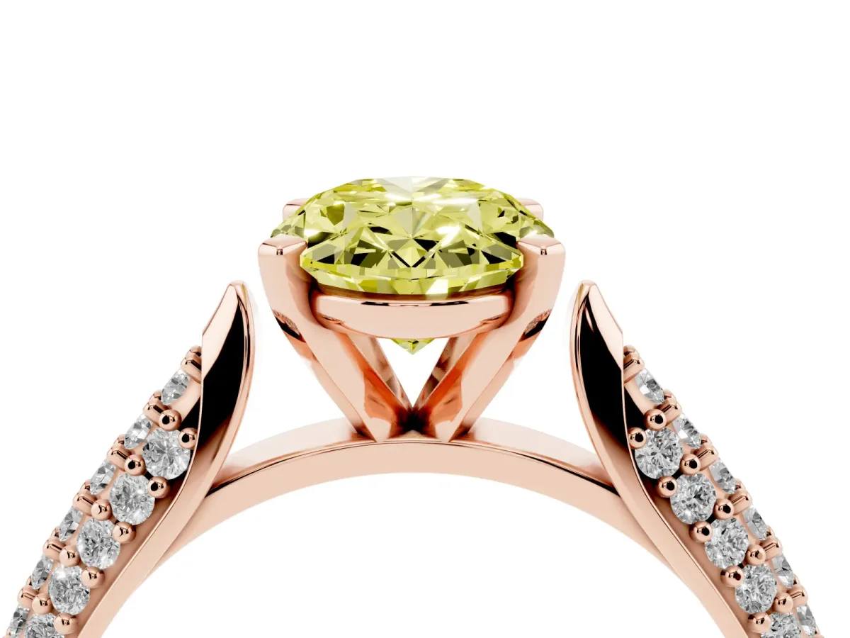 Fancy Yellow Oval Cut Diamond Solitaire Engagement Ring with Multi-Row Round Pavé Band and Prong Setting Rose gold