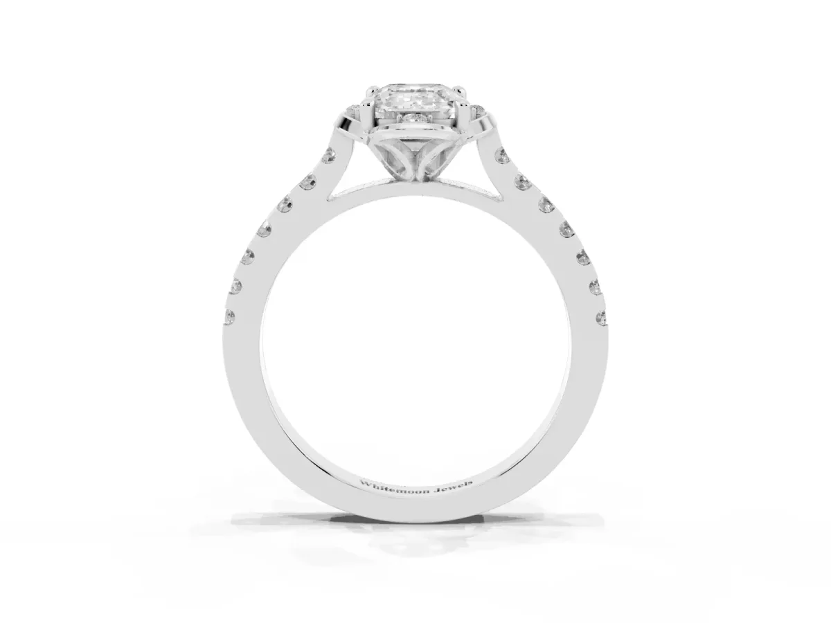 Emerald Cut Diamond Ring with Pavé Band and Floral Prong Setting Silver