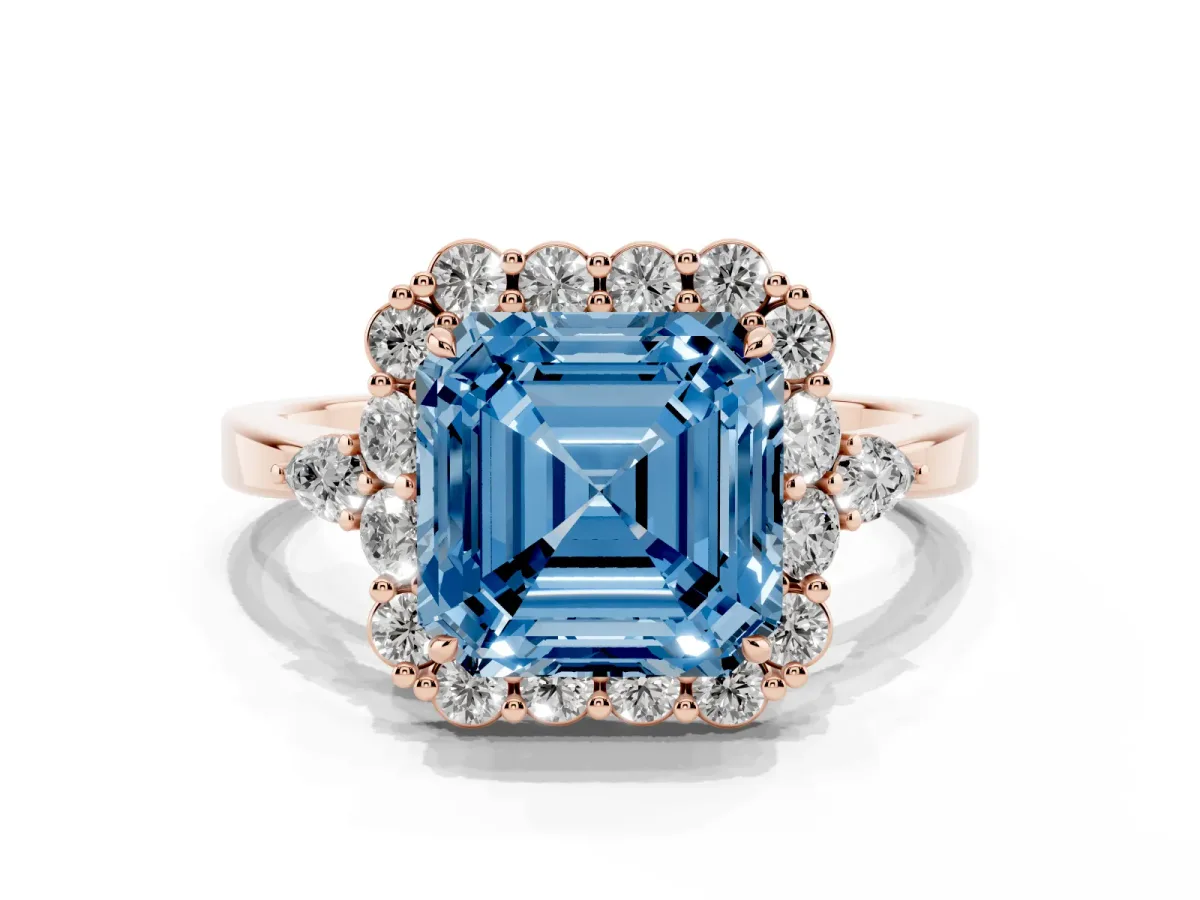 Fancy Blue Asscher Cut Diamond Halo Ring with Pear Side Stones and Prong Setting Rose gold