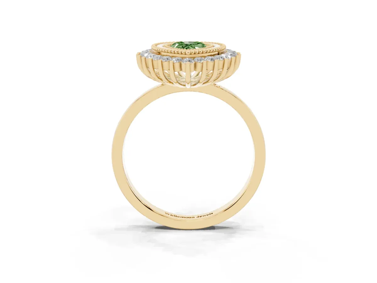 Fancy Green Pear Cut Halo Diamond Ring with Milgrain Edge and Round Prong Setting Yellow gold