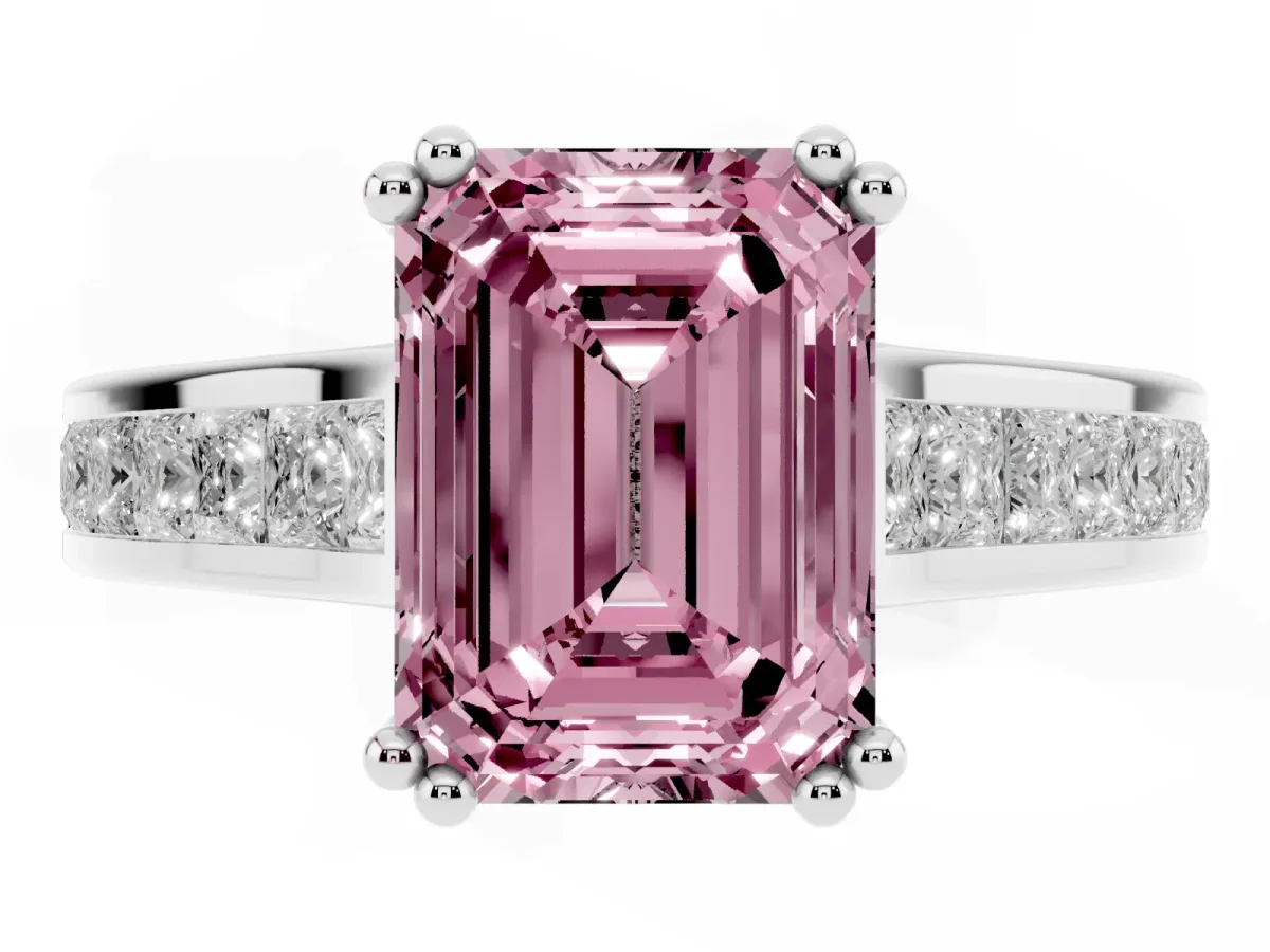 Fancy Pink Emerald Cut Cut Channel Set Solitaire Engagement Ring with Prong Setting Silver