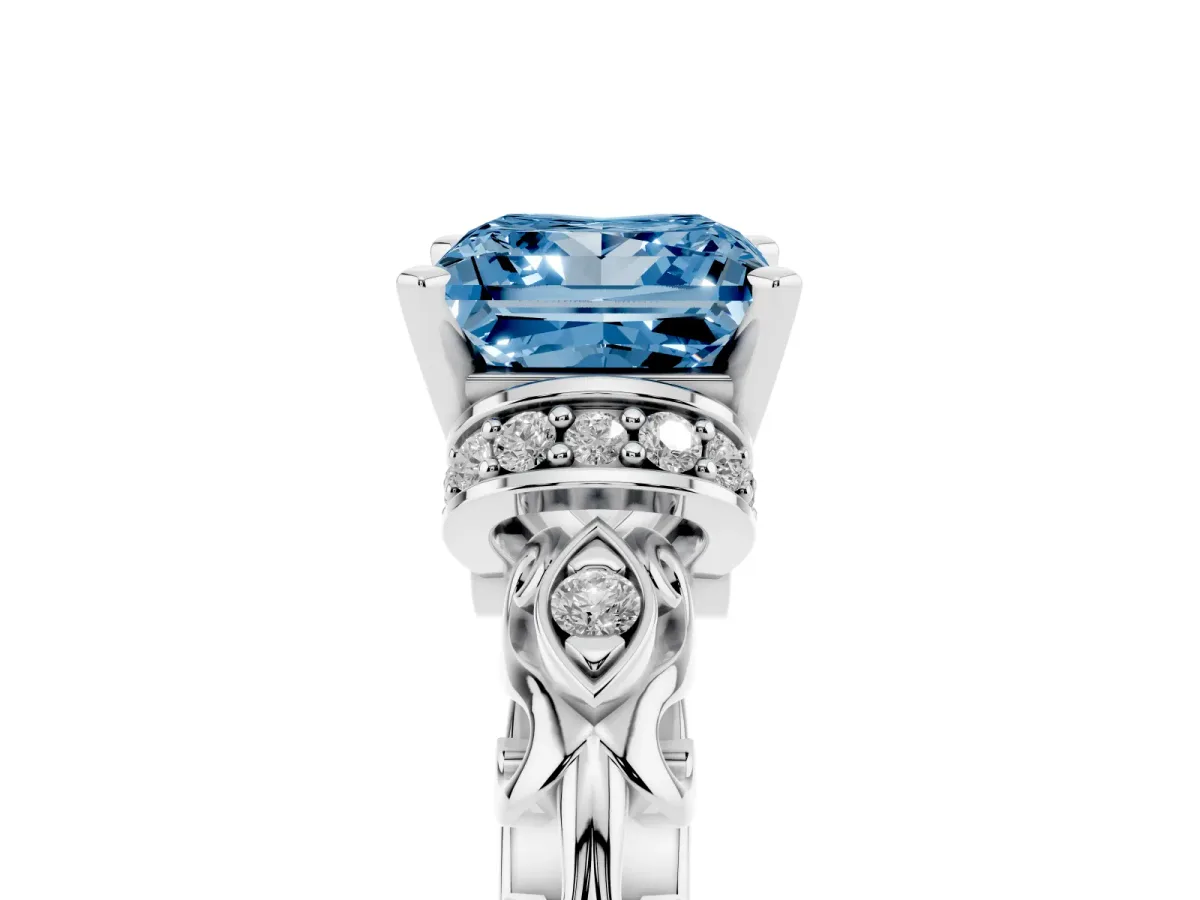 Fancy Blue Princess Cut Diamond Solitaire Ring with Filigree Band and Four-Prong Setting Platinum