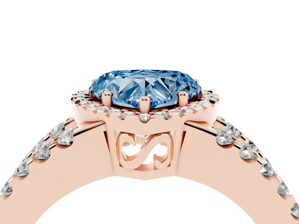 Fancy Blue Heart Cut Cut Halo Split Shank Diamond Ring with Four-Prong Setting Rose gold