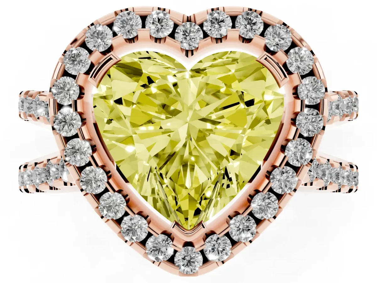 Fancy Yellow Heart Cut Diamond Halo Ring with Split Shank Pavé Band and Prong Setting Rose gold