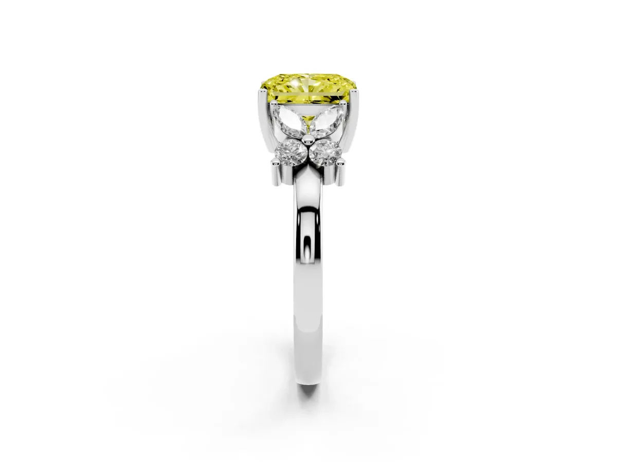 Fancy Yellow Radiant Cut Diamond Floral Cluster Ring with Solitaire Band and Prong Setting Silver