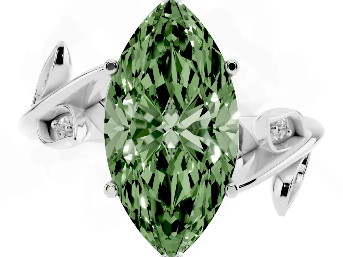 Fancy Green Marquise Cut Solitaire Twist Engagement Ring with Leaf Accents and Prong Setting Platinum