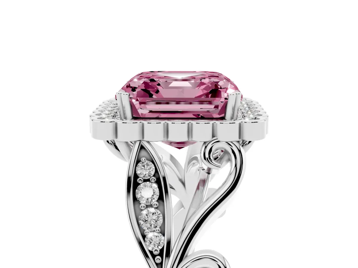 Fancy Pink Asscher Cut Diamond Halo Ring with Vintage Split Shank and Four-Prong Setting Silver