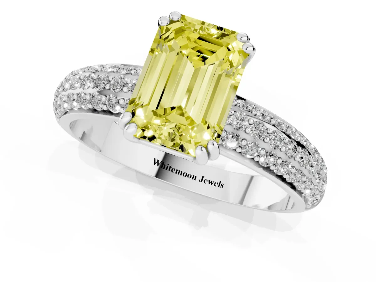 Fancy Yellow Emerald Cut Diamond Solitaire Ring with Multi-Row Round Pavé Band and Prong Setting Platinum