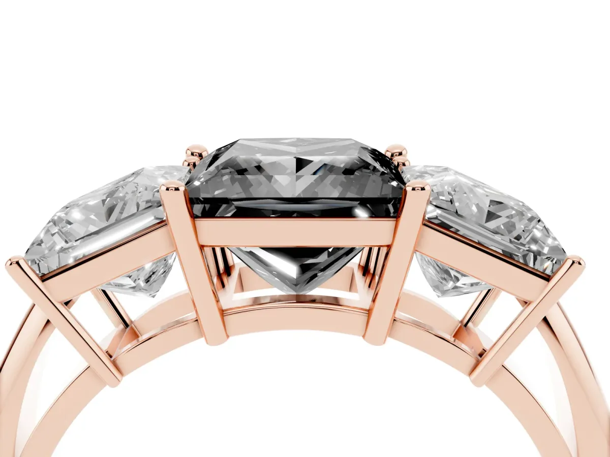Fancy Black Three-Stone Princess Cut Cut Diamond Engagement Ring with Prong Setting on a White Gold Band Rose gold