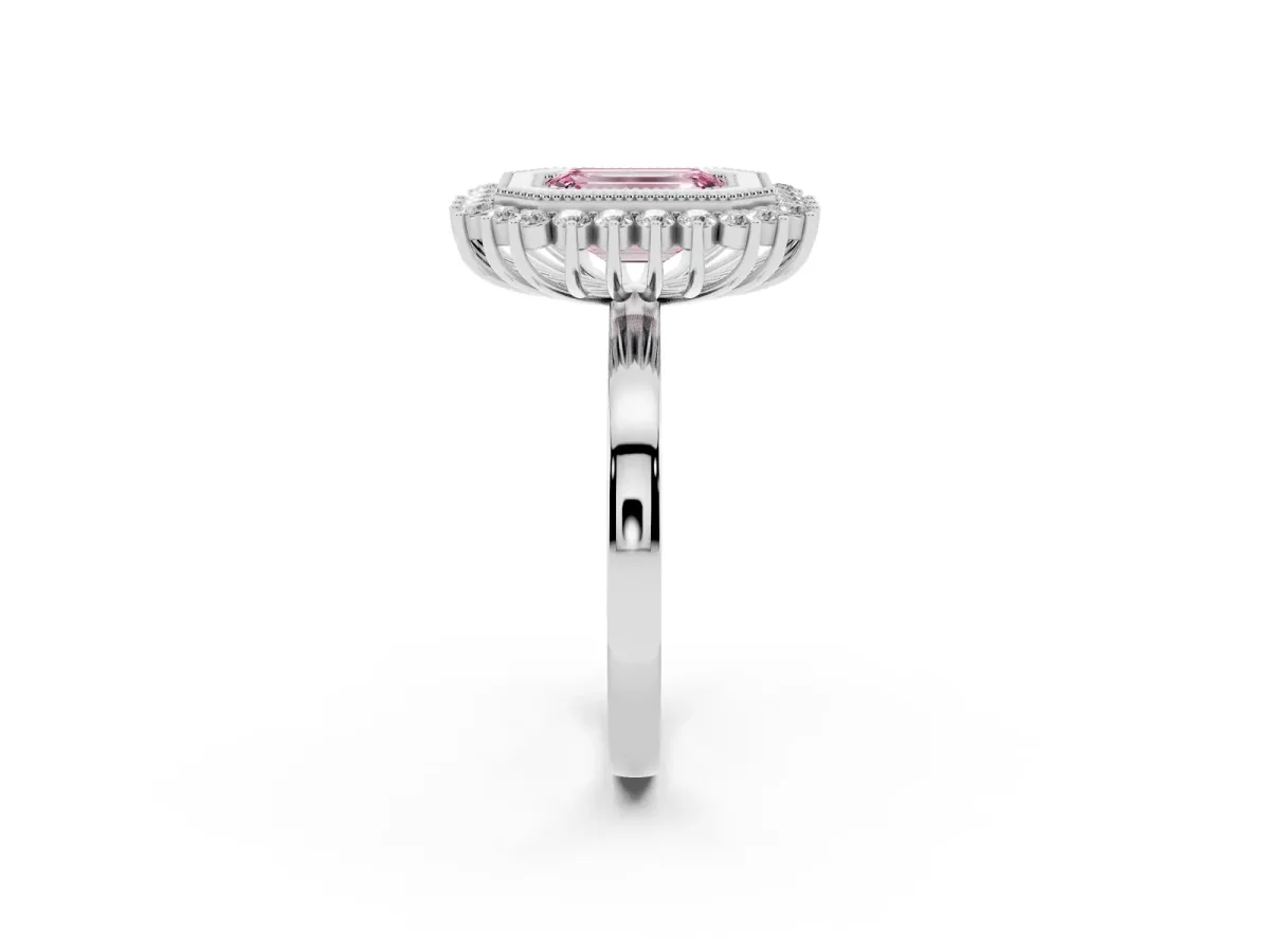 Fancy Pink Emerald Cut Halo Diamond Ring with Milgrain Edge and Round Prong Setting Silver
