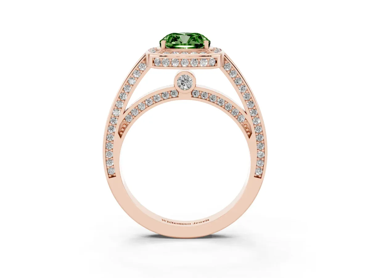 Fancy Green Cushion Cut Cut Halo Pave Split Shank Prong Setting Ring Rose gold