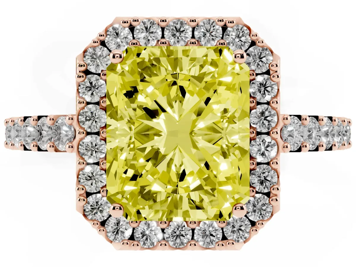 Fancy Yellow Radiant Cut Halo Diamond Pavé Solitaire Ring Rose gold