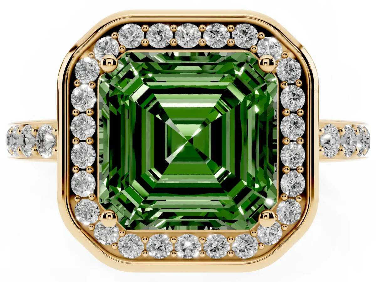 Fancy Green Asscher Cut Diamond Halo Ring with Bezel Frame and Pavé Band Yellow gold
