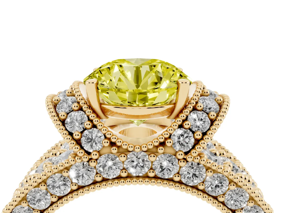Fancy Yellow Round Cut Halo Pave Diamond Engagement Ring with Milgrain Detailing Yellow gold