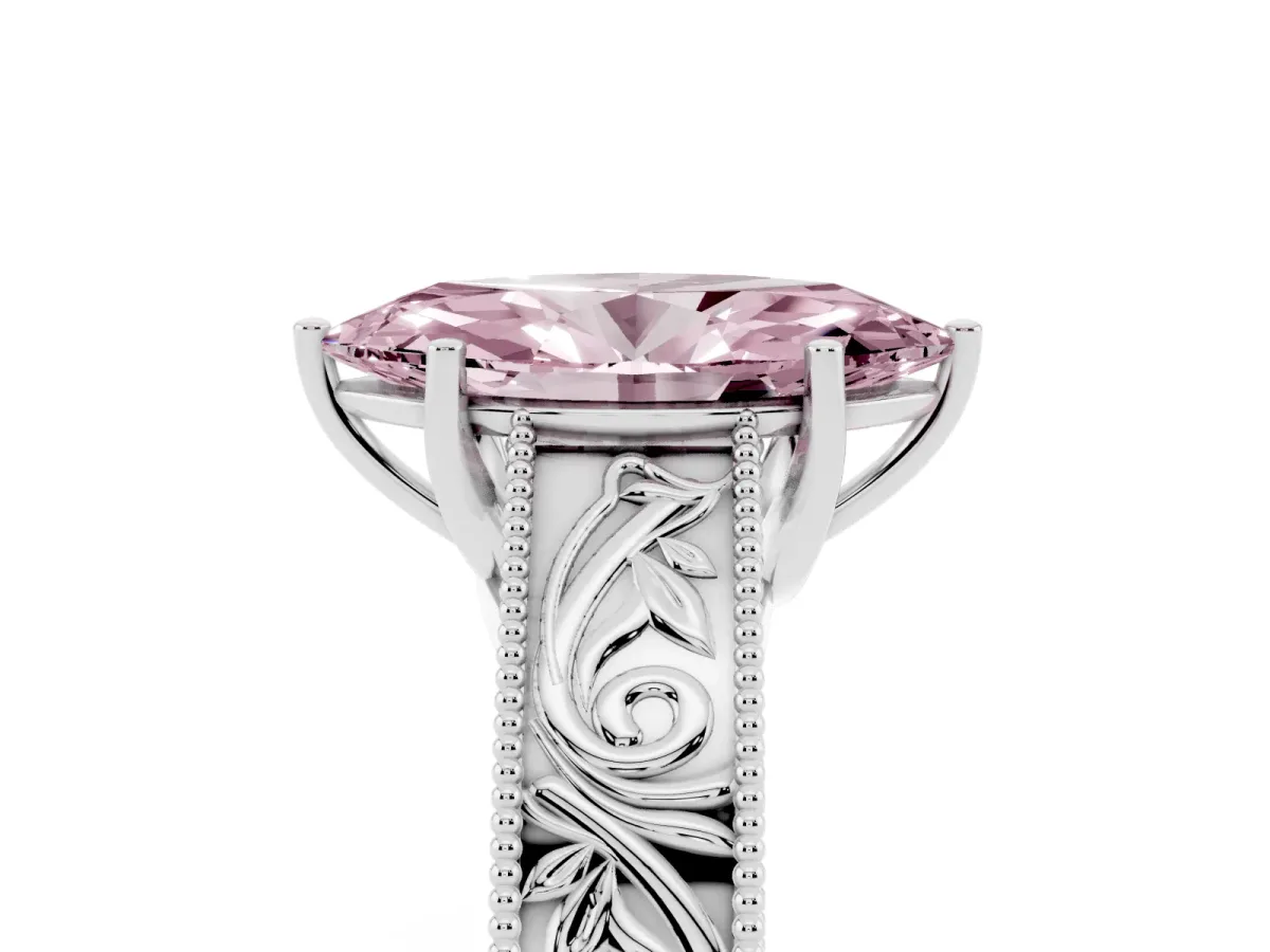Fancy Pink Marquise Cut Diamond Solitaire Ring with Engraved Band and Four-Prong Setting White gold
