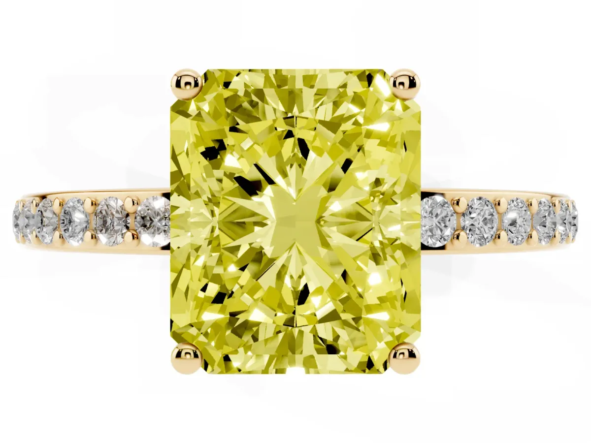 Fancy Yellow Radiant Cut Cut Diamond Pavé Band Ring with Four-Prong Setting Yellow gold