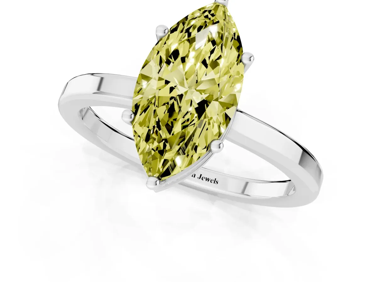 Fancy Yellow Marquise Cut Cut Solitaire Engagement Ring with Four-Prong Setting on a Classic Band Platinum