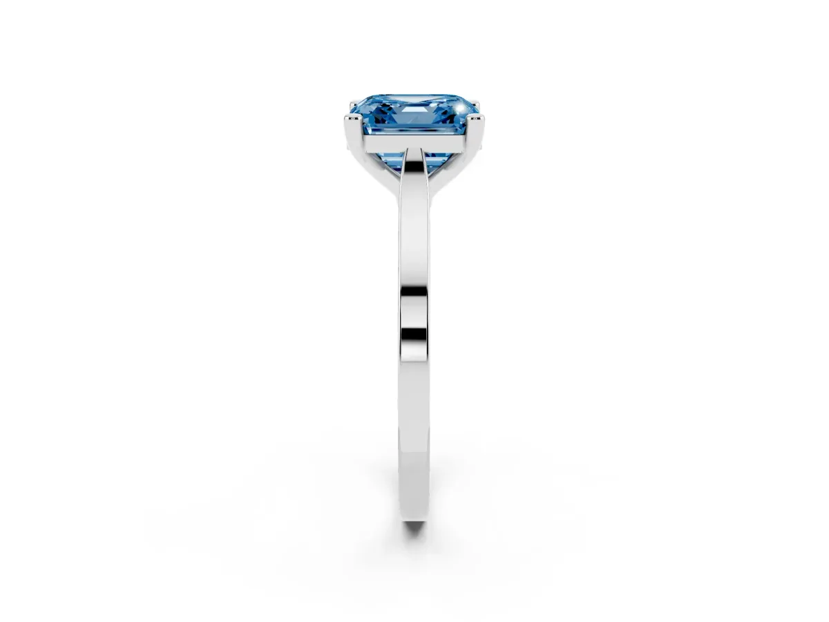 Fancy Blue Asscher Cut Solitaire Diamond Ring with Four-Prong Setting and Tapered Band Silver