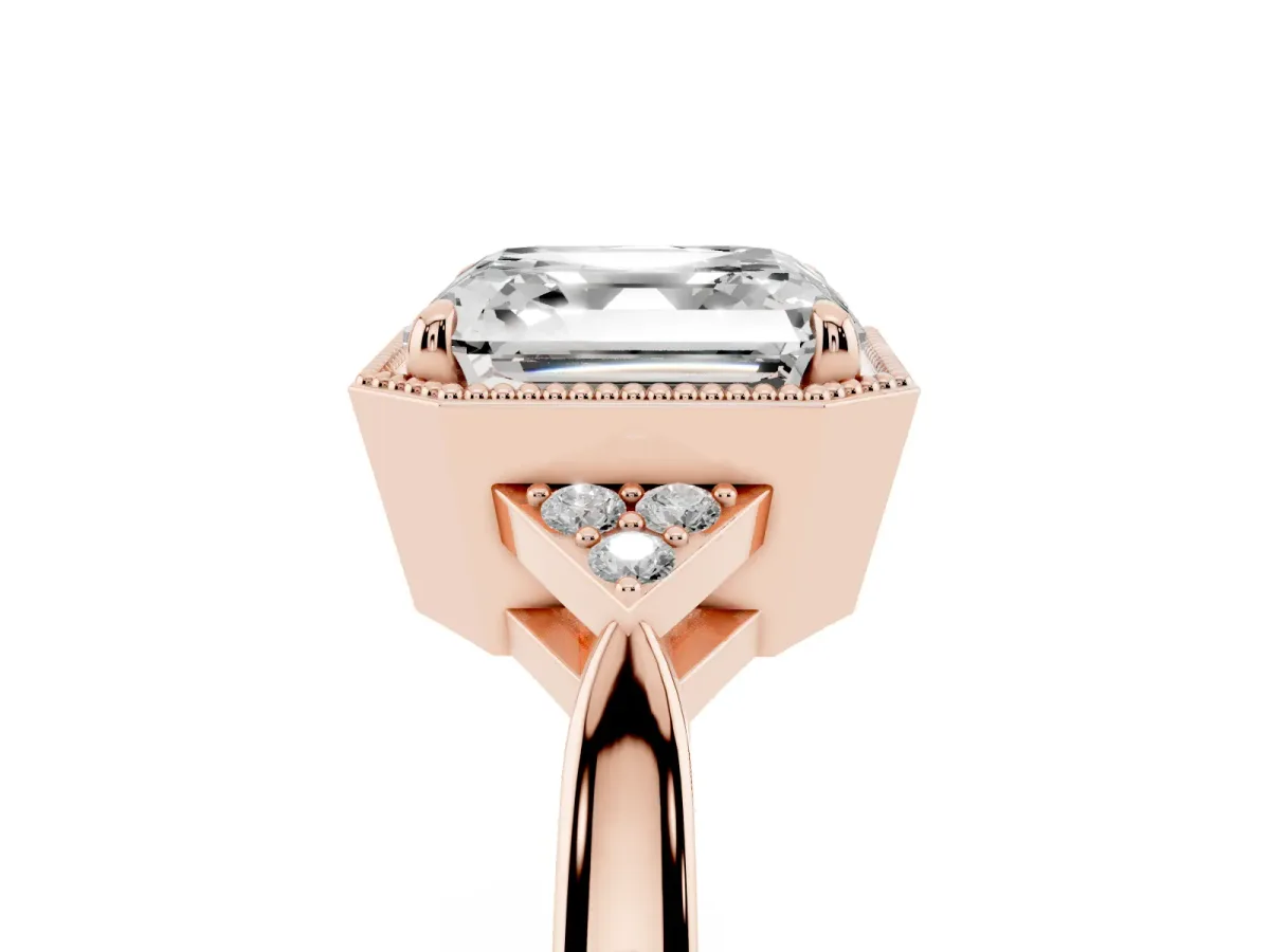 Asscher Cut Diamond Halo Ring with Tapered Band and Four-Prong Setting Rose gold