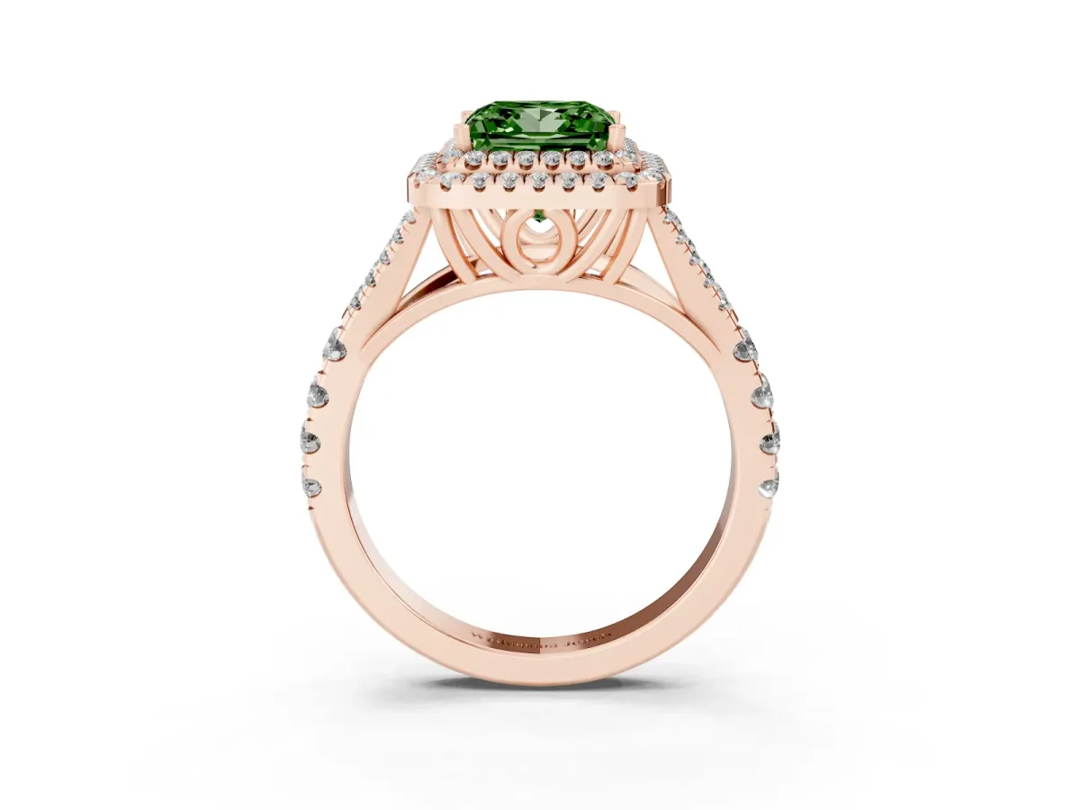Fancy Green Princess Cut Cut Double Halo Split Shank Diamond Ring with Prong Setting Rose gold