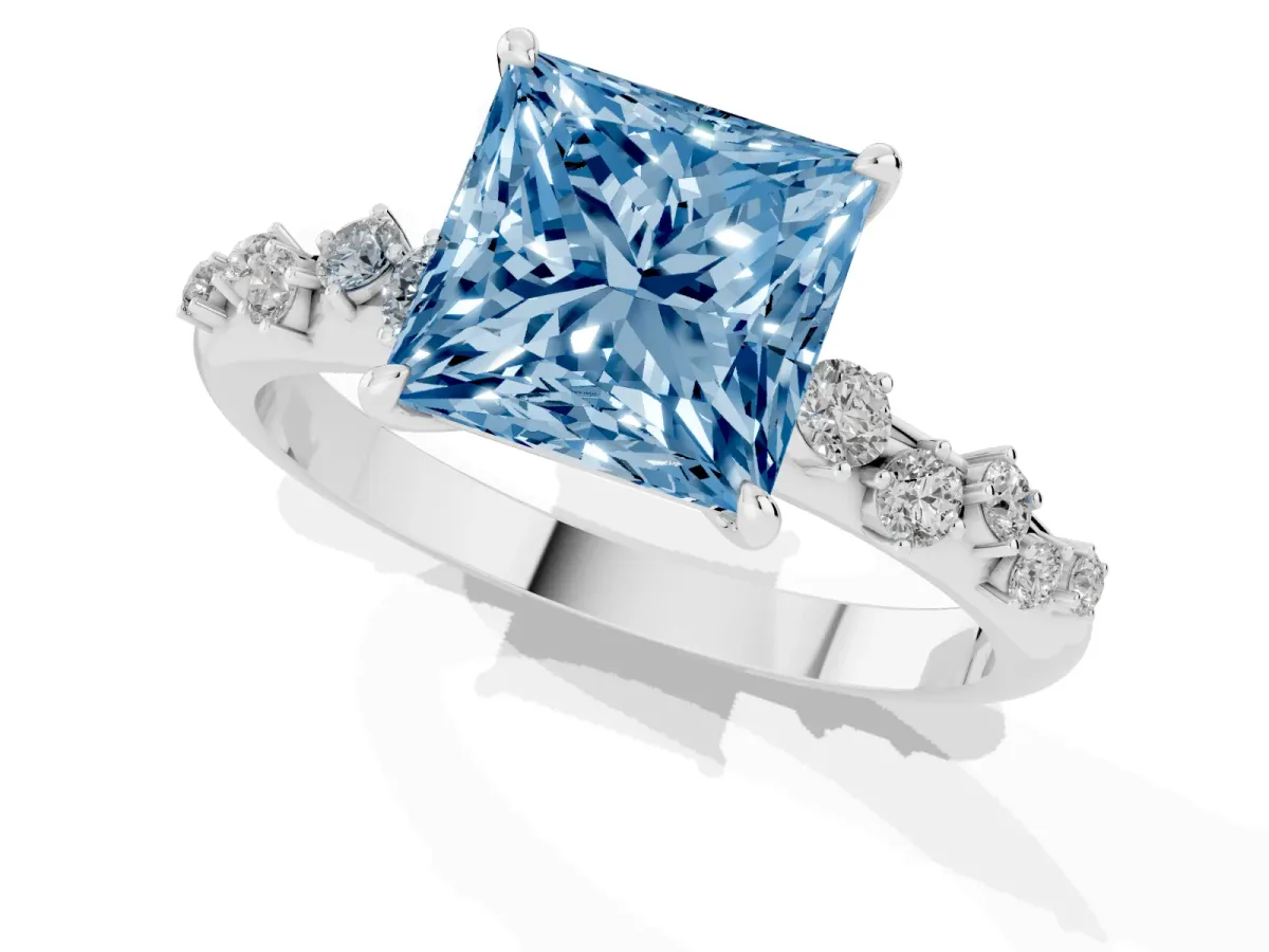 Fancy Blue Princess Cut Diamond Cluster Prong-Set Solitaire Ring Platinum