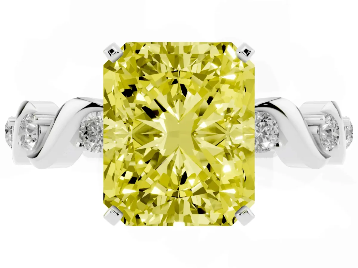 Fancy Yellow Radiant Cut Diamond Solitaire Twisted Band with Round Accents and Prong Setting Platinum
