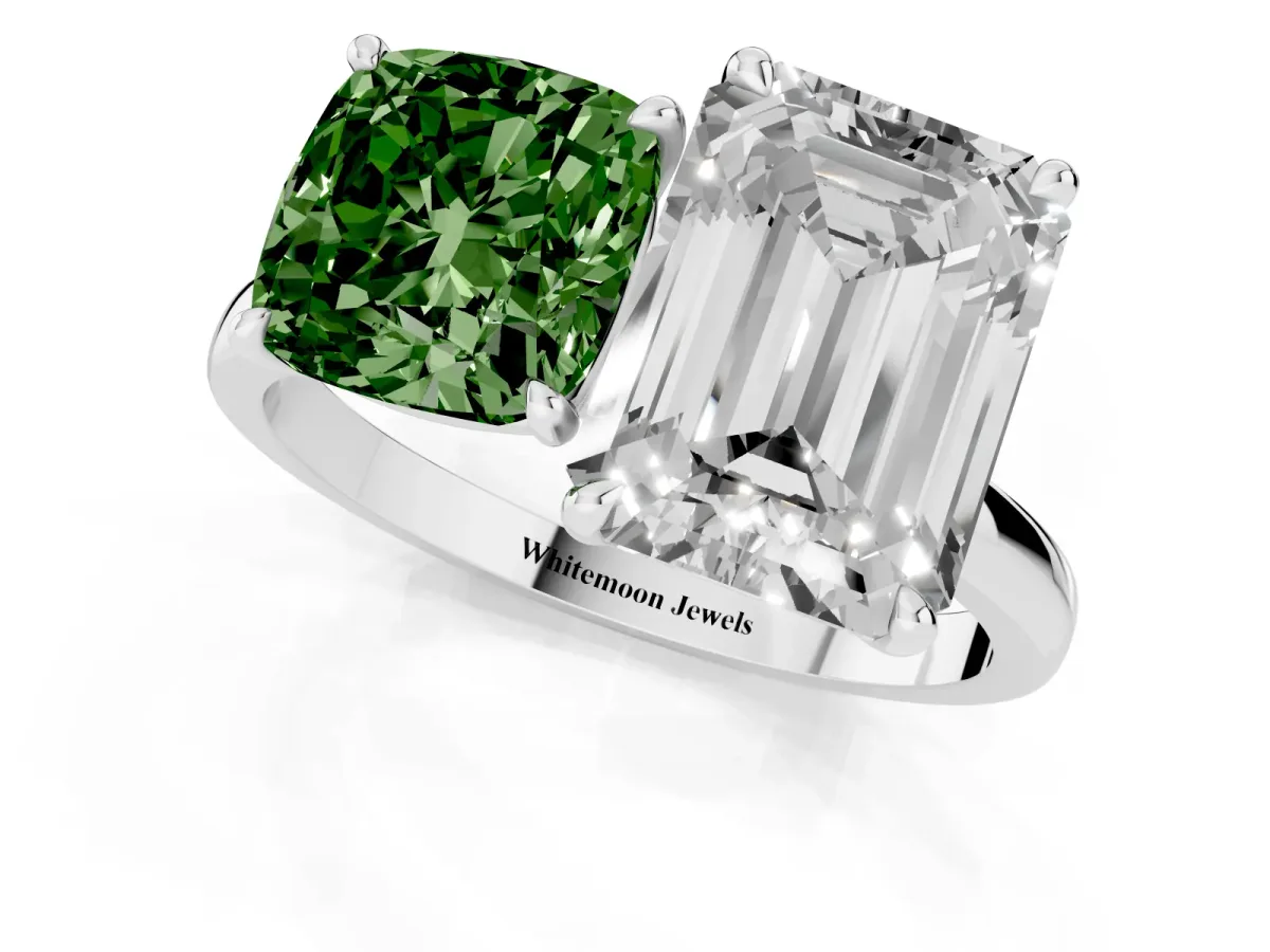 Fancy Green Cushion Cut and Emerald Cut Toi Moi Ring with Prong Setting Silver