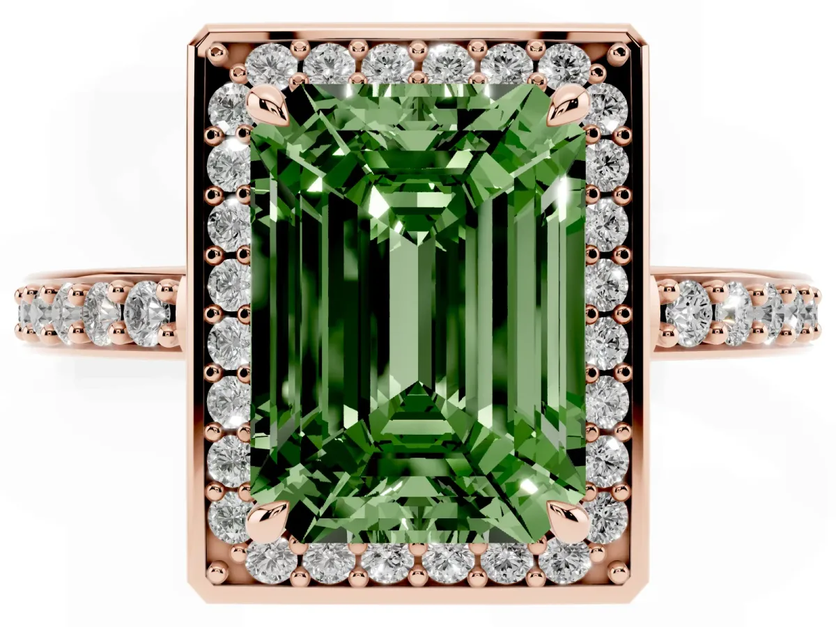 Fancy Green Emerald Cut Halo Pave Band Solitaire Ring with Prong Setting Rose gold