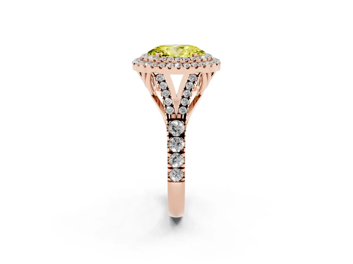 Fancy Yellow Oval Cut Cut Double Halo Split Shank Diamond Ring with Prong Setting Rose gold