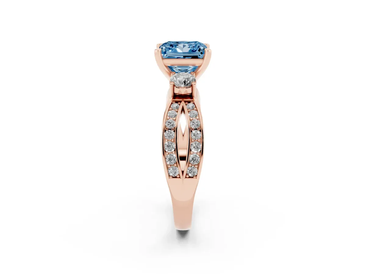 Fancy Blue Three-Stone Princess Cut Cut Diamond Twist Band with Prong Setting Rose gold