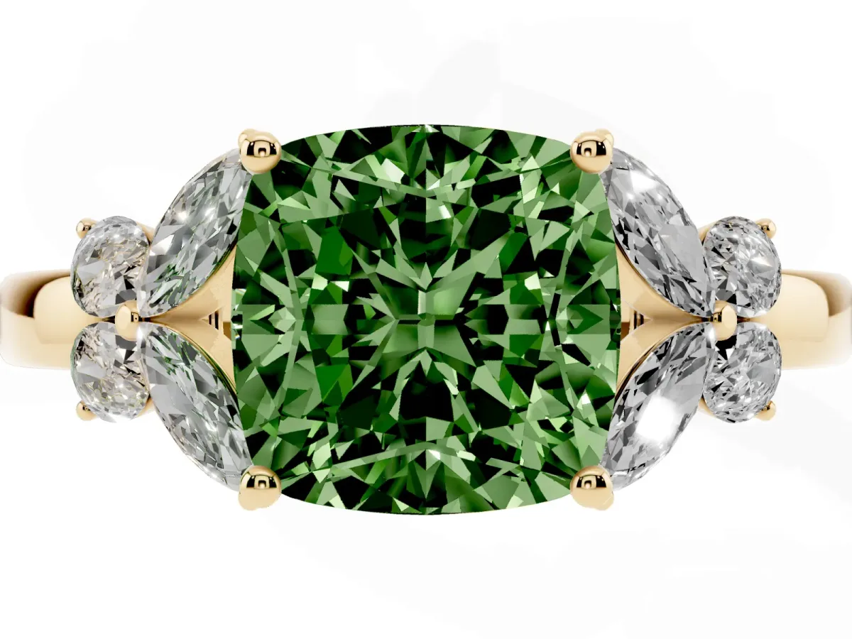 Fancy Green Cushion Cut Cut Solitaire Floral Diamond Ring with Four-Prong Setting Yellow gold
