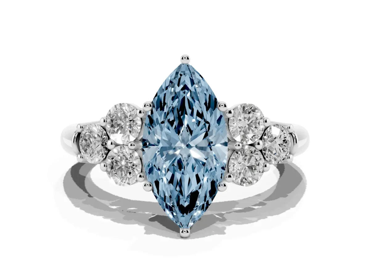 Fancy Blue Marquise Cut Cut Diamond Cluster Ring with Round Accent Stones and Prong Setting on a Classic Band Platinum
