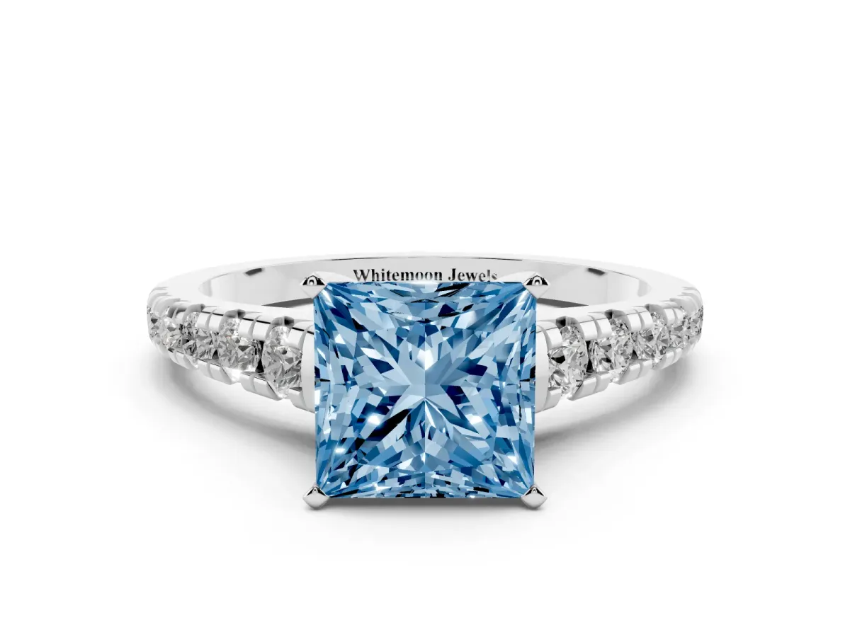 Fancy Blue Princess Cut Diamond Cathedral Solitaire Ring with Round Pavé Band Silver