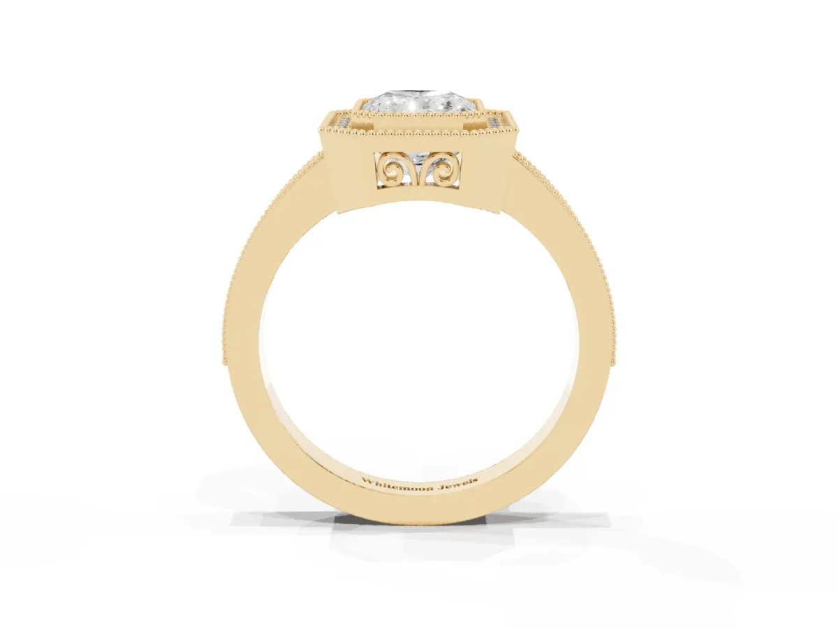 Radiant Cut Cut Halo Diamond Ring with Pavé Band and Milgrain Prong Setting Yellow gold