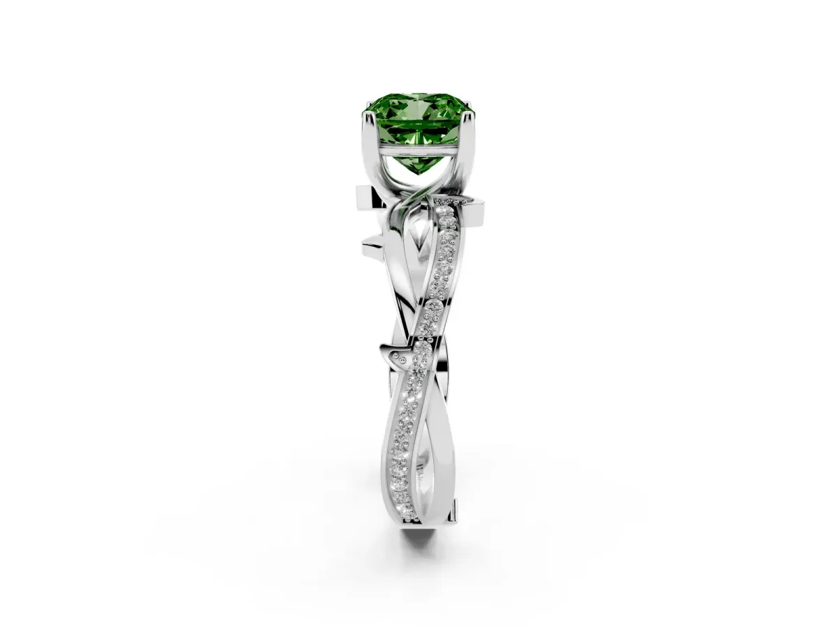 Fancy Green Cushion Cut Solitaire Twist Band with Pavé Accents and Four-Prong Setting Silver